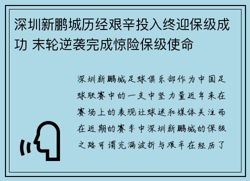 深圳新鹏城历经艰辛投入终迎保级成功 末轮逆袭完成惊险保级使命