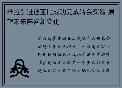 维拉引进迪亚比成功完成转会交易 展望未来阵容新变化